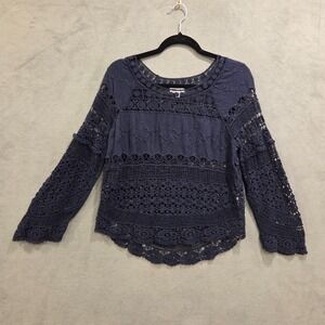 Anthropologie Deletta Crochet‎ Lace Long Sleeve Top Women's  XS Blue Boho Hippie